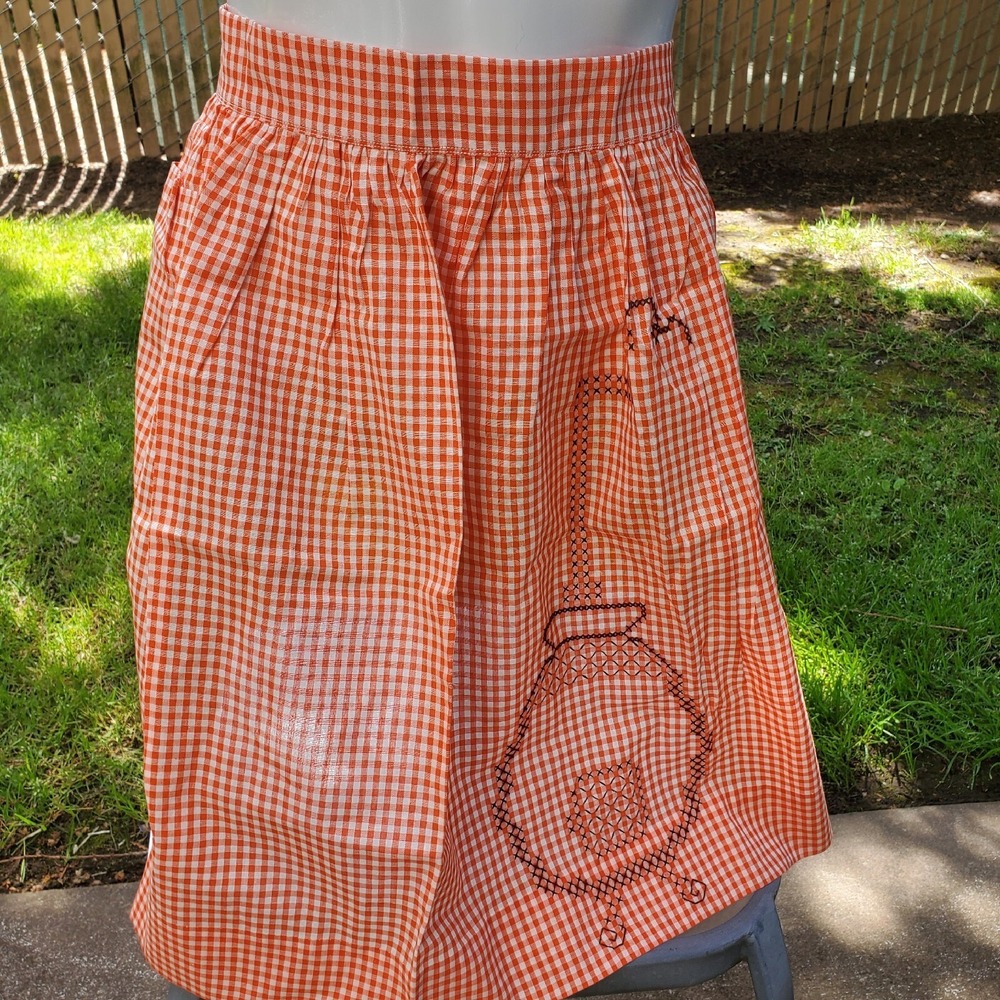 Vintage‎ Hand Embroidered Orange Gingham Half Apron Lightweight Cottage Core